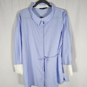 Zara Longline Button Shirt Blue White Stripe Size M